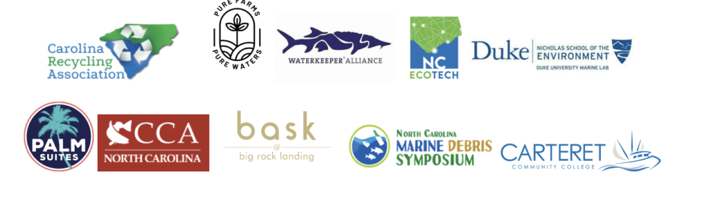 Original 2024 sponsor collage including Carolina Recycling Association, Pure Farms Pure Waters, Waterkeeper Alliance, NC EcoTech, Duke Marine Lab, Palm Suites, CCA North Carolina, Bask Hotel, NC Marine Debris Symposium, and Carteret Community College